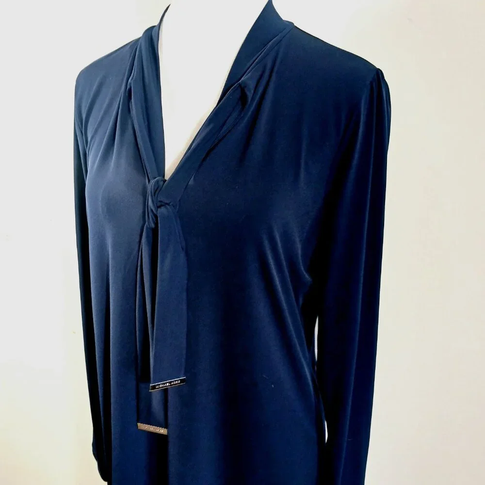 Michael Kors Lightweight Long Sleeve Navy Dress W/ Decorative Tie Neck, SZ Med. - Picture 14 of 16